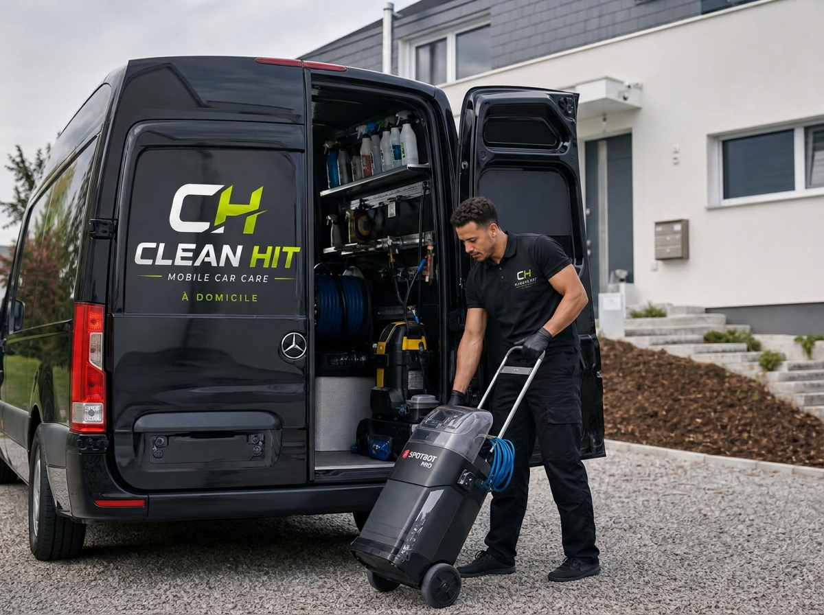 Technicien CLEAN HIT sortant sa machine d'injection / extraction du fourgon devant une maison